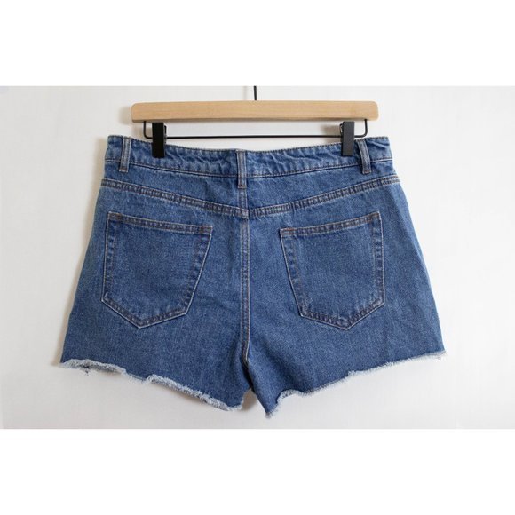 Forever 21 Med Blue Denim Cut Off Shorts with American Flag Fabric Patches, 30 - Picture 2 of 10